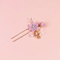 Épingle à cheveux mariée en U avec fleur rose, perles et feuilles dorées - Épingle à cheveux 2 fleurs / Violet