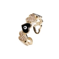Detail of adjustable gold ring with multi-heart charms, evil eye enamel, and zircon - Adjustable Open / Black (1CR0443YH)
