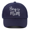 Detailed close-up of Boy Mom white embroidery and heart on navy cotton baseball cap - Adjustable / Navy Blue