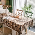 Floral oil painting jacquard tablecloth with fringe trim in a cozy home dining setting - Coffee Oil Painting