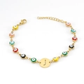 Golden Evil Eye link bracelet with colorful enamel beads and letter J charm - Letter J