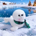 White sea lion plush toy with green plaid scarf in a snowy festive scene - White Seal-Green Plaid Scarf / 18cm