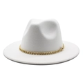 Classic white wool fedora hat with a wide brim and elegant gold metal chain decoration - 58cm One Size / White