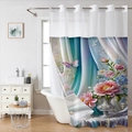 Detail of waterproof polyester shower curtain with 3D floral peony and butterfly print - Peony Butterfly Palace Style - Curtain Only / 181x188cm