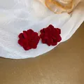 Detailed macro view of dark red velvet floral stud earrings with rich petal texture - Layered Velvet Flower Style (13#)