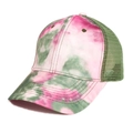 Detail of pink and green tie-dye trucker hat with breathable mesh and stitched brim - Rose Red