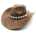 Detailansicht brauner Wildleder-Fedora mit sternbesetztem Band und geschwungener Krempe - M (56-58cm) / Gestreift Khaki