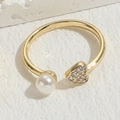 French vintage freshwater pearl and heart zircon ring in 14K gold-plated finish - Pearl Heart