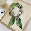Green silk skinny scarf with Van Gogh iris oil painting print on a display board - 6*100cm / 8 Irises Vase