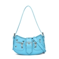 Sky blue crescent shoulder bag featuring silver square studs and decorative zippers - Blue