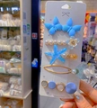 Five-piece candy-colored blue butterfly hair clip set with pearls and star details - Blue Set B