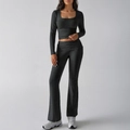 Ensemble de yoga gris foncé avec haut à manches longues et pantalon évasé - S / Gris clair