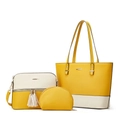 Three-piece yellow and cream PU leather tote bag set including crossbody and makeup pouch - White and Yellow