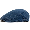 Donkerblauwe denim platte pet met witte stikselpatronen en verstelbare metalen gesp - Verstelbaar / Blauw