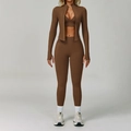 Ensemble de yoga 3 pièces marron avec veste zippée, brassière et legging taille haute - S / Haut Et Bas / Ensemble trois pièces / Café Foncé