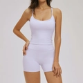Women's lavender yoga set featuring a thin strap camisole and high waist fitness shorts - S / Vest 2 + Shorts — Romantic Purple
