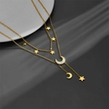 Double-layered titanium steel necklace with gold stars, moon pendants and white shell tassel - Double Layer Star Moon D502