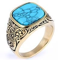Nahaufnahme eines Vintage-Rings mit quadratischem Türkis und goldener Blumenprägung - US 7 / Gold Blau Türkis Quadratisch