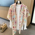 Beige cotton linen square scarf with colorful floral prints and fringe details - 130*130cm / Beige Colorful Floral (MZF-093)