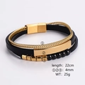 Herren Armband mehrlagig aus schwarzem Leder und goldfarbenen Kettenelementen - Goldene gebürstete Platte schwarze Perlen (Stil 7)