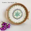 22cm Round Woven Rattan Tray with Inlaid Green Flower Shell Base and Handles - Boho / Small 22x3cm