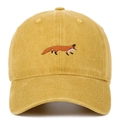 Close-up of a running fox embroidery on mustard yellow vintage washed cotton baseball cap - Yellow