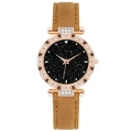 Detailed macro of a rose gold floral bezel watch with a black starry sky dial and stones - Wave Edge Starry Sky Watch / Brown