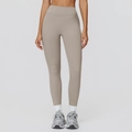 High-waisted taupe yoga leggings for women with wide waistband and sleek v-shaped back seam - S / Camel Brown