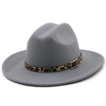 Detail of grey felt fedora hat featuring leopard print belt and golden metal buckle - M(56-58cm) / Gray