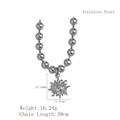 Collier vintage en acier inoxydable avec pendentif soleil et chaîne à billes - Argenté