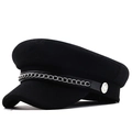 Classic black wool military cap with vintage silver chain and embossed button - M (56-58cm) / Black