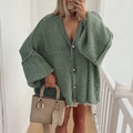 Women's casual oversized green chunky knit cardigan with gold buttons and V-neckline - S / Army Green