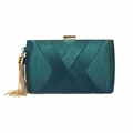 Elegant emerald green satin evening clutch bag with silk pleated texture and gold tassels - Dark Green