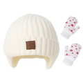 White knit baby hat with ear flaps and matching gloves featuring pink heart patterns - Earflap Hat and Heart Gloves / One Size / Beige
