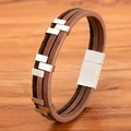 Three-layer braided brown leather bracelet with silver stainless steel magnetic clasp - 19cm / Coffee