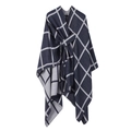 Solid navy blue and grey plaid poncho cape scarf with tie closure for women - Navy Blue Plaid