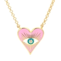 Pink enamel heart evil eye necklace with gold chain and sparkling zircon detail - Pink