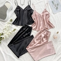 Conjunto de pijama de satén sedoso con camisola de cuello en V y pantalón largo - S / Negro + Rosa