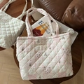Detailed texture of quilted cotton tote bag with cute rabbit print and floral patterns - Checkered Floral Rabbit