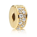 Golden clip charm with three rows of sparkling cubic zirconia stones for bracelets - 030-Stopper (Gold 3-Row Clear Stone)