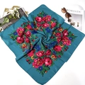 Floral print square scarf in teal blue with red roses for a vintage ethnic style look - 70x70cm / Teal