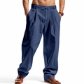 Men's loose linen straight-leg trousers with drawstring waist and breathable blue fabric - Navy Blue