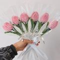 Handmade pink tulip bouquet with 7 flowers in transparent Love wrap and white ribbon - Finished Pink Jade Tulip