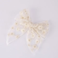 White tulle bow hair clip with daisy embroidery and hanging ribbons for girls - Beige