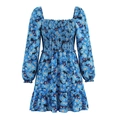 Ink floral print square neck mini dress with elastic ruched chest and puff sleeves - S / Blue Floral