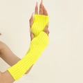 Fluorescent yellow ribbed knit arm sleeves for warmth with half-finger design - Neon Yellow