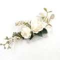 Handmade bridal flower hair comb with cream roses and green leaves for weddings - FS32-5 White