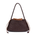 Handwoven dark brown leather shoulder bag with a bright brown drawstring inner pouch - Chocolate