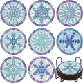 Set of 8 DIY diamond painting coasters with blue snowflake patterns and a black metal holder - A-7 Blue Snowflakes