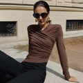 Slim fit deep brown long sleeve V-neck top with pleated texture for elegant women - S / Coffee